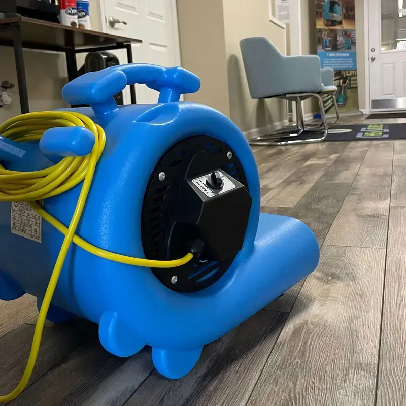 Two technicians setting up a dehumidifier and an air mover on a carpeted floor during drying