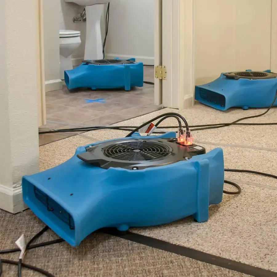 A technician plugging in an air mover beside a dehumidifier on a carpeted floor