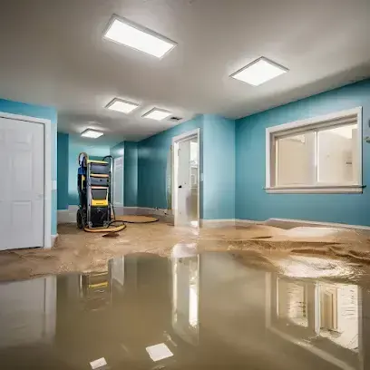 Standing water across a bedroom floor with an extractor by the door