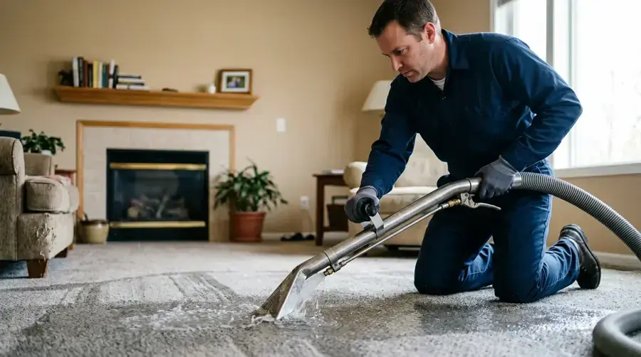 A technician running a carpet extraction wand across a wet living room carpet