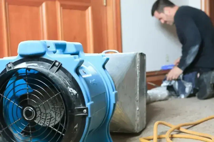 Technician placing a blue air mover in a room, typical of a Kenner dry-out