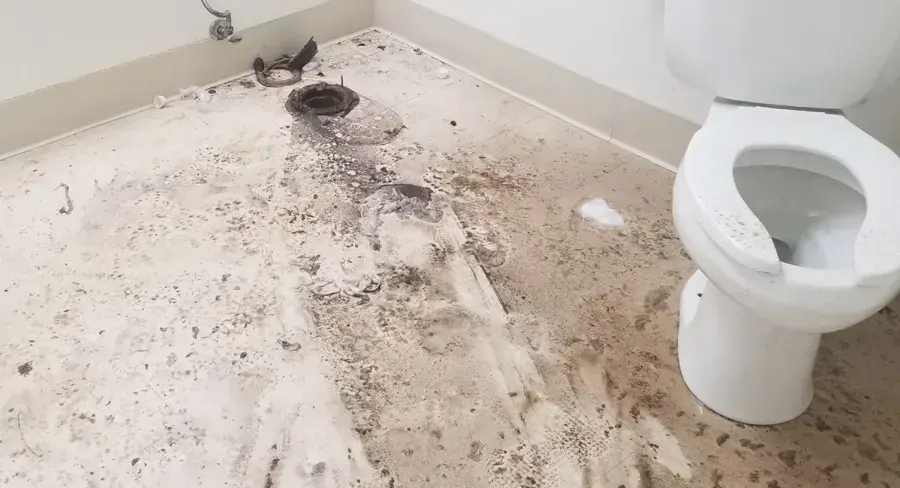 A bathroom floor stained with sewage residue next to a toilet after a backup