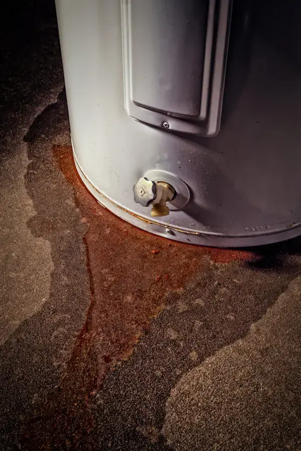 Rusty water pooled around the base of a leaking water heater